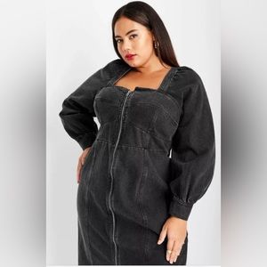 Future Collective Women's Puff Long Sleeve Zip-Front Denim A-Line Dress - NWT.
